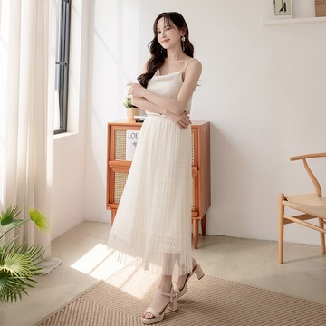 【1+1優惠】HS 緹花雙層百褶裙 杏色