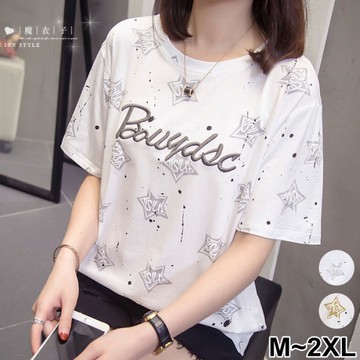 【QV3965】魔衣子-璀璨星球‧字母刺繡星星印花圓領短袖T恤