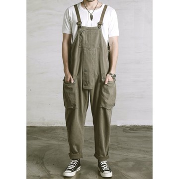 復古蠟染水洗牛仔背帶褲 吊帶褲 9.5oz人字紋 工裝褲 Overall