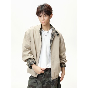 隔☀到店🔥一件可過冬發熱複古格紋雙麵穿哈靈頓夾克男秋季款高街美式潮牌寬鬆工裝休閒外套