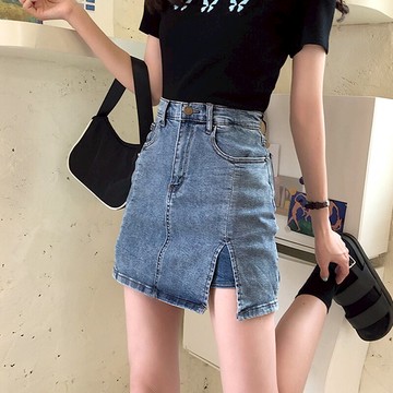 秋季緊身2020新款高腰A字顯瘦開叉半身裙包臀牛仔短裙褲裙女裙子