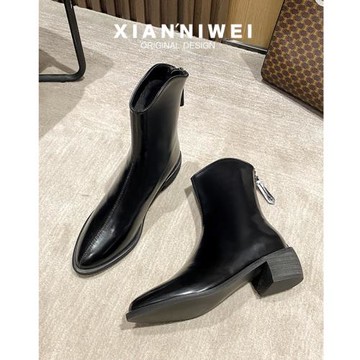 尖頭短靴女2025年春秋V口百搭網紅西部牛仔粗跟瘦瘦馬丁單靴子女