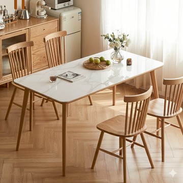 RICHOME 木木原木白岩板餐桌 餐椅 餐桌椅 一桌4椅 實木餐桌 橡膠木桌 北歐餐桌組 WSJ54R091400T