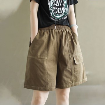 現貨休閒百搭短褲寬褲休閒褲鬆緊腰直筒褲中大尺碼【75-17-8009-24】ibella 艾貝拉