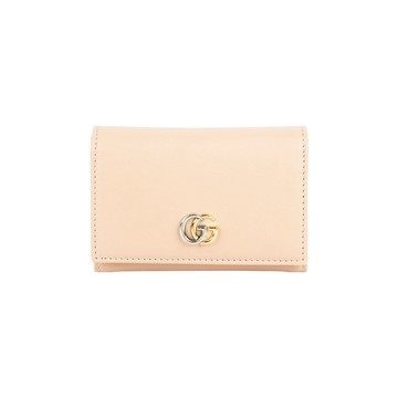 GUCCI 金銀雙色Logo 平滑皮革釦式卡包/卡片夾(淺米色)