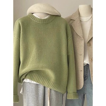 奶fufu綠色毛衣女秋冬韓系寬松慵懶風松弛感圓領打底內搭針織衫厚