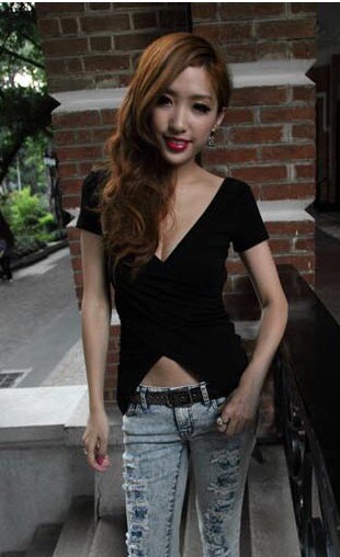 V領低胸修身性感短袖t恤女19夏季百搭舒適打底衫大碼女裝圓領上衣1入