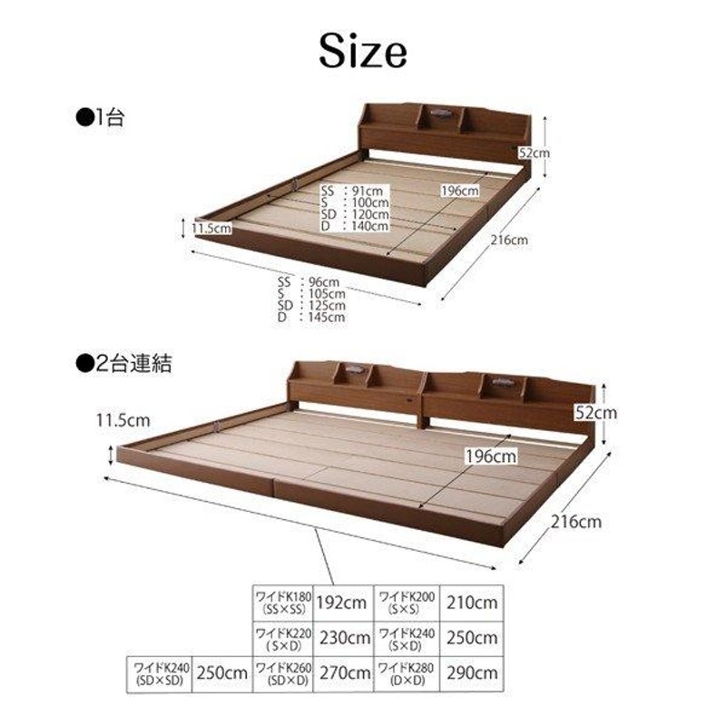 連結ベッド ワイドK280 収納棚 照明付き 国産ボンネルコイルマットレス