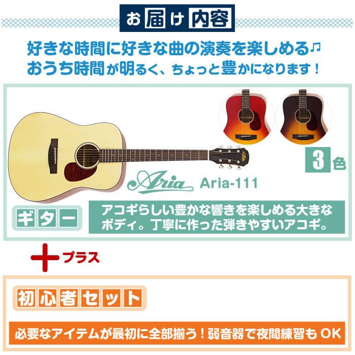 アコースティックギター 初心者セット アコギ (ハードケース付属15点) アリア Aria-111 (大きなボディ フォーク ギター 初心者 入門 セット)