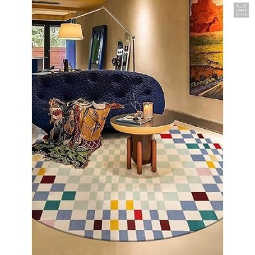 【台灣出貨 可客制化】多巴胺棋盤格子圓形客廳地毯兒童房臥室梳妝檯地墊茶几衣帽間地毯客廳地墊 臥室地毯 地毯地墊 床邊地墊