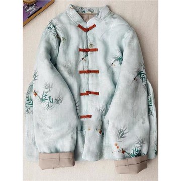 復古盤扣夾棉棉麻棉服女2024冬中式國風禪意盤扣加厚保暖棉衣外套