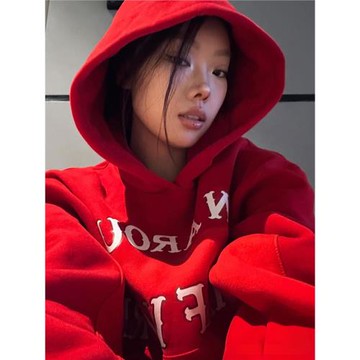 國潮美式復古紅色oversize連帽加絨衛衣情侶款休閑寬松帽衫外套冬
