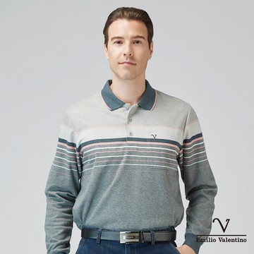 Emilio Valentino范倫鐵諾 保暖棉質磨毛定位長袖POLO衫 灰/粉(21-3V7887)