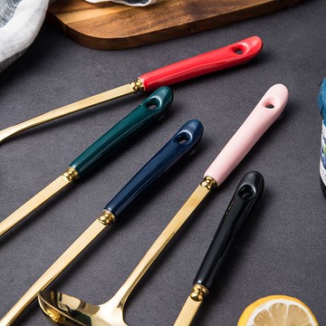 楓林宜居 創意陶瓷不銹鋼湯殼湯漏色釉不銹鋼7公分火鍋勺漏勺廚具湯勺