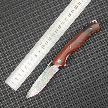 【台湾热销】新品大馬士革鋼野營戶外戰術求生防身便攜多功能摺疊刀黃檀木