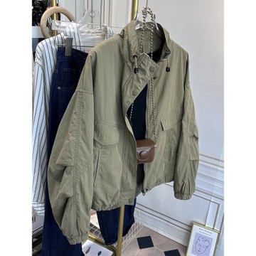 立領抽繩外套女2025春裝新款休閑寬松日系純棉沖鋒衣工裝夾克春秋