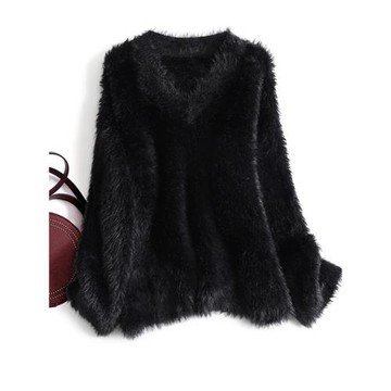 輕奢暖絨絨針織毛衣女秋冬 仿貂絨不掉毛純色V領套頭打底長袖上衣