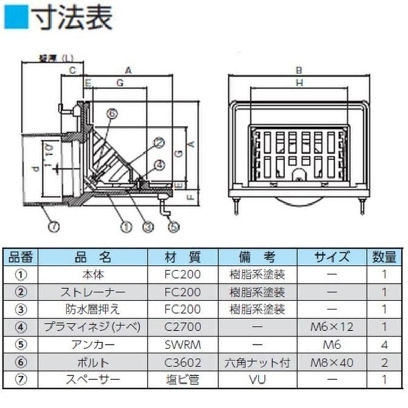 ルーフドレイン よこ引き用 屋上用 サイズ 150 防水層張り幅60mm