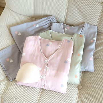 【現貨】帶胸墊女睡衣 100%全棉柔軟親膚透氣日系春夏長袖甜美純棉薄款家居服寬鬆