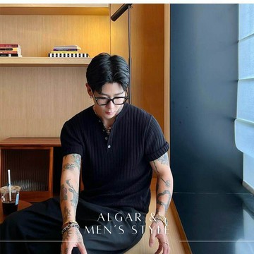 【Algar選品】必包色韓系Ins直紋亨利領短袖針織上衣 歐巴 素面 韓風 文青 簡約 休閒 百搭 男上衣氣質上班族