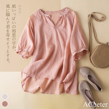 【ACheter】日系繡花V領涼涼風棉麻上衣# 113011(現貨+預購)