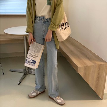 chic不規則水洗牛仔褲高腰顯瘦直筒闊腿褲女長褲1入