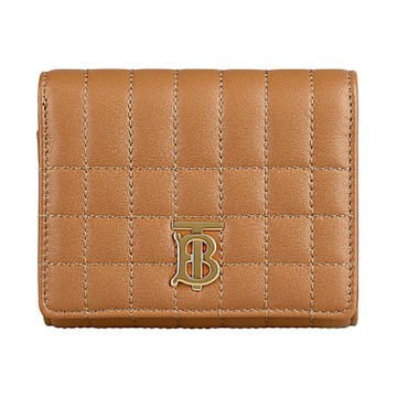 BURBERRY Lola金字TB字母LOGO格紋絎縫設計小羊皮6卡釦式三折零錢短夾(栗子棕)