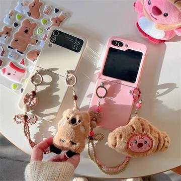 適用三星galaxyzflip5手機殼卡通立體毛絨柿子椒熊zflip4防摔zflip3創意個性手提鏈三星折疊手鏈w23 flip硬殼