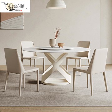 免運 快速出貨巖板餐桌圓形帶轉盤現代簡約意式極簡輕奢法式奶油風圓桌椅組合