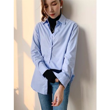 JANE鹽值藍系襯衫女通勤職業設計感小眾oversize慵懶襯衣港味復古