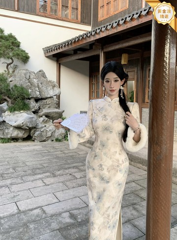 【清冷新中式】倒大袖旗袍 秋冬旗袍 改良旗袍 復古旗袍 中式連衣裙 原創設計 溫柔優雅 加厚保暖 藍茶色 文藝國風穿搭