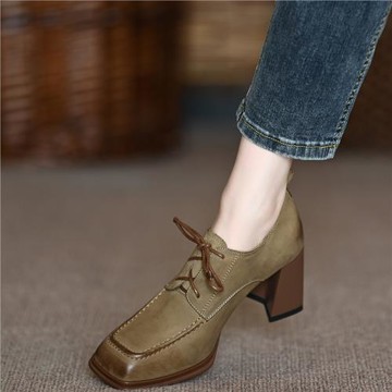 歐美真皮女鞋7cm高跟鞋2025新款春秋英倫粗跟單鞋方頭系帶深口鞋