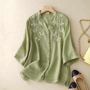 棉麻女士洋氣媽媽高端七分袖襯衫