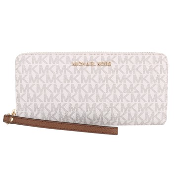 MICHAEL KORS 金字滿版防刮LOGO掛帶拉鍊長夾(白x駝邊)