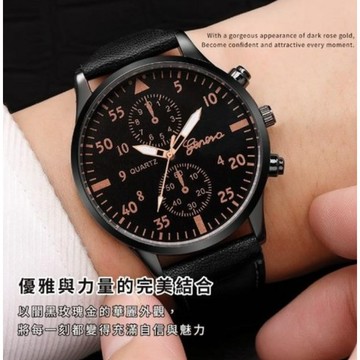 [福利商品]7-9-1_闇黑玫瑰金商務手錶, 黑帶黑面玫金針, 1支
