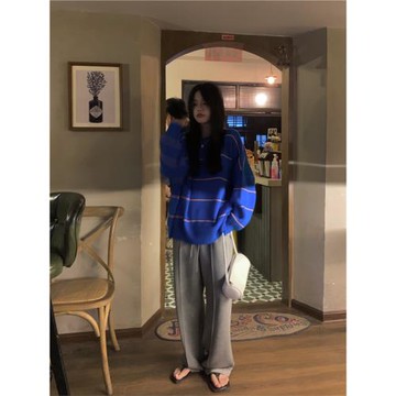 撞色條紋套頭慵懶風藍色毛衣女秋冬軟糯韓系高級感寬松針織衫上衣