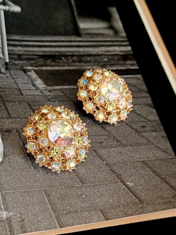 vintage jewelry  華麗極光萊茵滿天星 夾式耳環