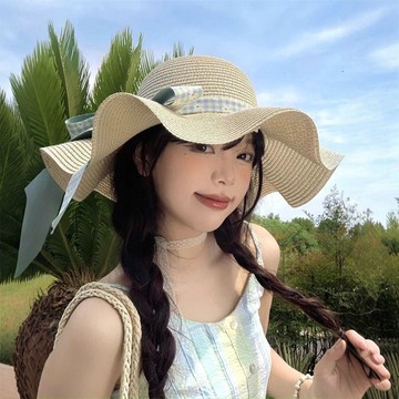 🔥臺灣發貨🔥【賣場滿150出貨】波浪邊蝴蝶結編織草帽女夏季大帽檐海邊沙灘度假遮陽防曬太陽帽子WSX1A