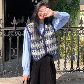 針織馬甲女秋冬復古外搭疊穿v領開衫個性撞色坎肩菱格毛衣背心