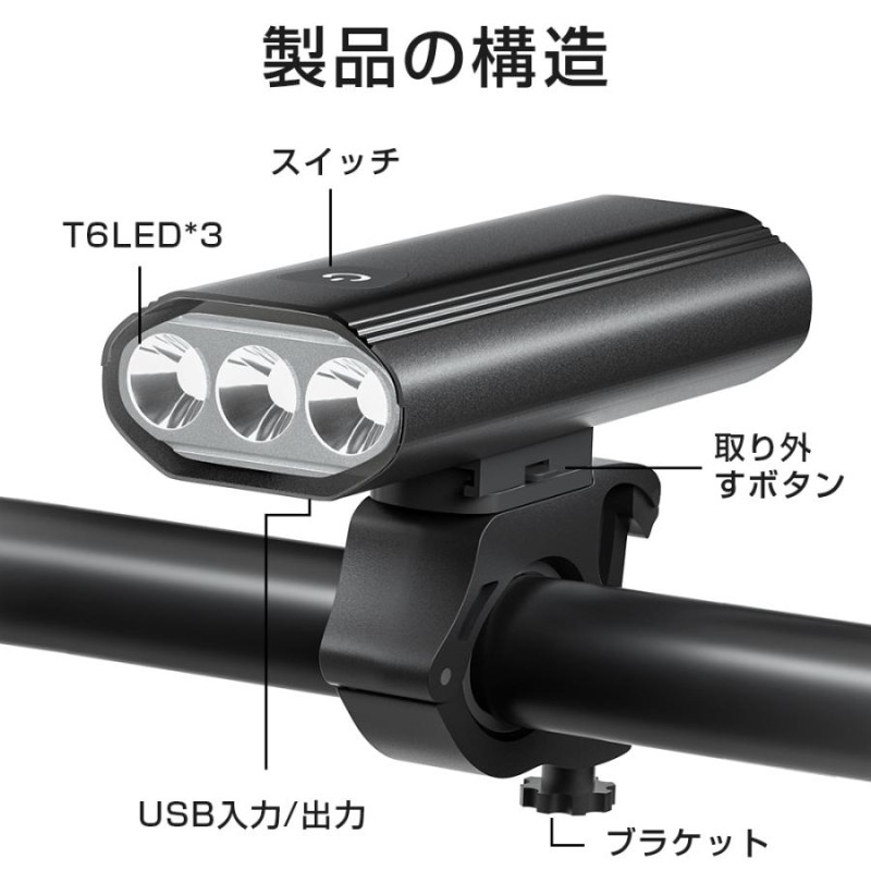 自転車ライト LED 1000ルーメン 6種点灯モード 5200mAh 大容量 ヘッドライト 3つ集光ライト IPX6防水 脱落防止 テールライト付き  コンパクト スマホ充電 | LINEショッピング