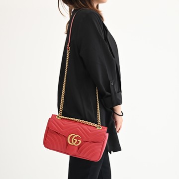 GUCCI 古馳  GG Marmont系列 經典絎縫翻蓋肩背/斜背鍊包(紅 26cm)