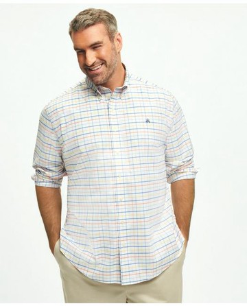 Brooks Brothers Men's Big & Tall Stretch Cotton Non-Iron Oxford Polo Button Down Collar, Multi Windowpane Shirt | Orange | Size 1X Tall