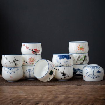 羊脂玉瓷大號主人杯功夫茶盞純手繪圖案喝茶杯家用單個釉下彩杯子