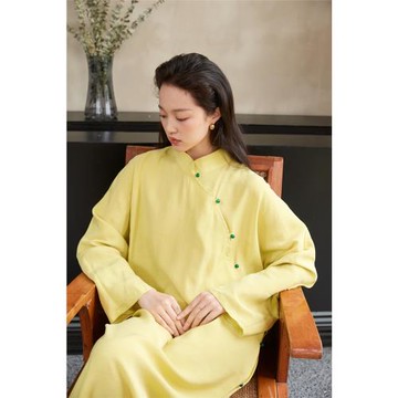 TAORAN女裝國風改良連衣裙女春季黃色立領長袖旗袍裙通勤年輕款