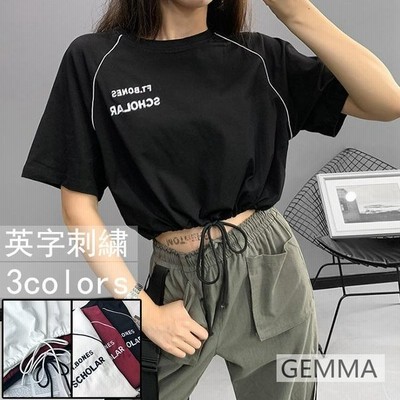 Tシャツ レディース トップス カットソー 半袖 へそ出し 赤 黒 かっこいい 英字刺繍 Tシャツ ジャズダンス 運動着 通販 Lineポイント最大get Lineショッピング