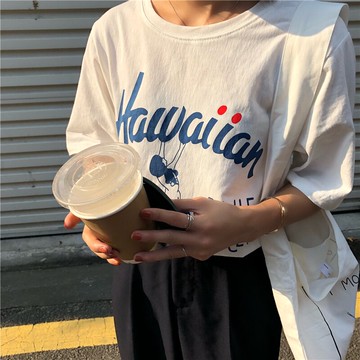 夏季時尚百搭寬松字母趣味印花打底衫T恤衫上衣女短袖基礎tee1入