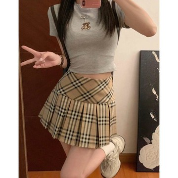 卡其格紋半身百褶裙女學院風夏季新款高腰顯瘦百搭防走光a字短裙