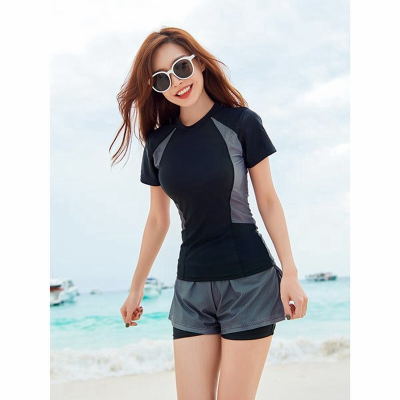 フィットネス水着 レディース セパレート 水着 半袖 体型カバー 大きいサイズ 3l 4l 5l 6l バイカラー ショートパンツ 露出少なめ スポーツ 水着 通販 Lineポイント最大get Lineショッピング