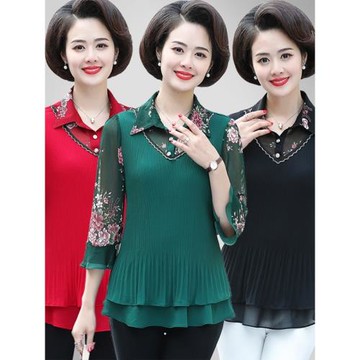 媽媽裝春秋新款時尚翻領T恤中老年女裝雪紡喇叭袖拼接遮肉打底衫