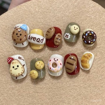 💅現實下殺穿戴甲💅純手工穿戴甲短款捏捏卡通小餅幹麵包立體手繪可愛爆款美甲穿戴甲 TGVA